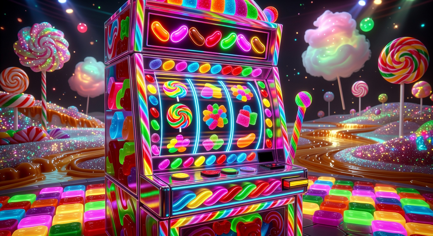 Glowing neon candy slot machine displaying vibrant sweets and jackpots