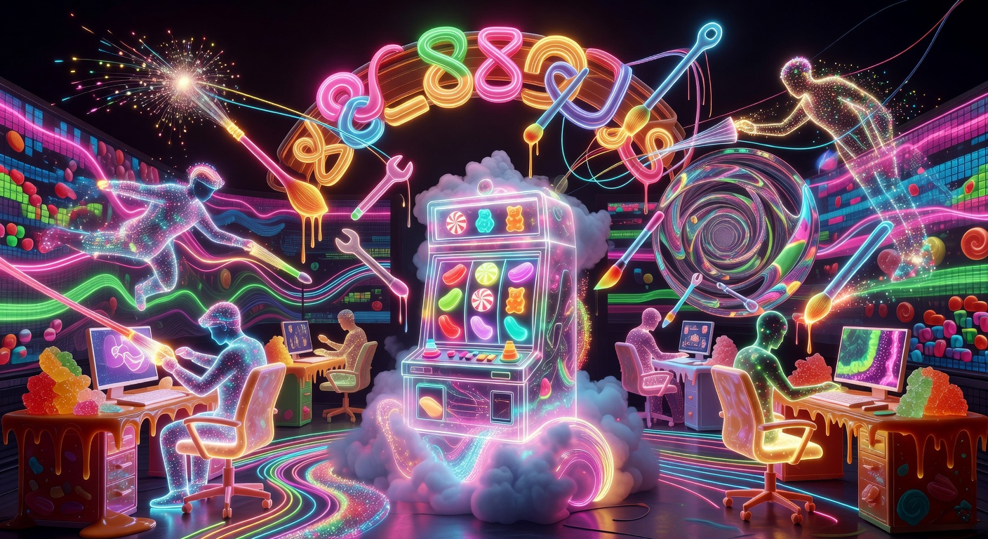 Abstract neon glowing digital artwork representing the creation of the candy slot game